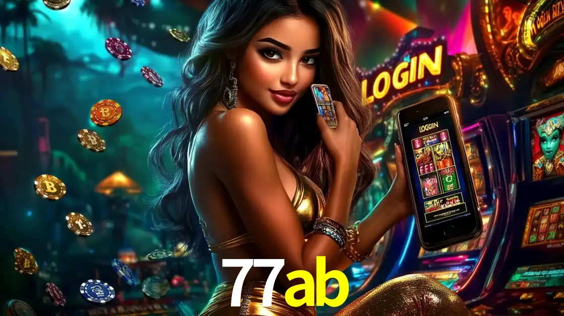 Mulher em um cenário de cassino temático de aventura, mostrando o app de caça-níqueis da 77ab no celular. Fichas de apostas flutuam ao redor.