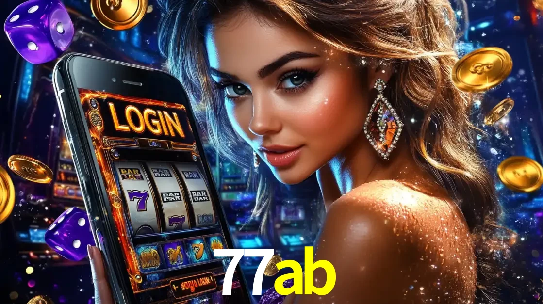Mulher glamorosa segurando um smartphone com a tela de login para os jogos de caça-níqueis do cassino online 77ab, com moedas de ouro e dados ao redor.