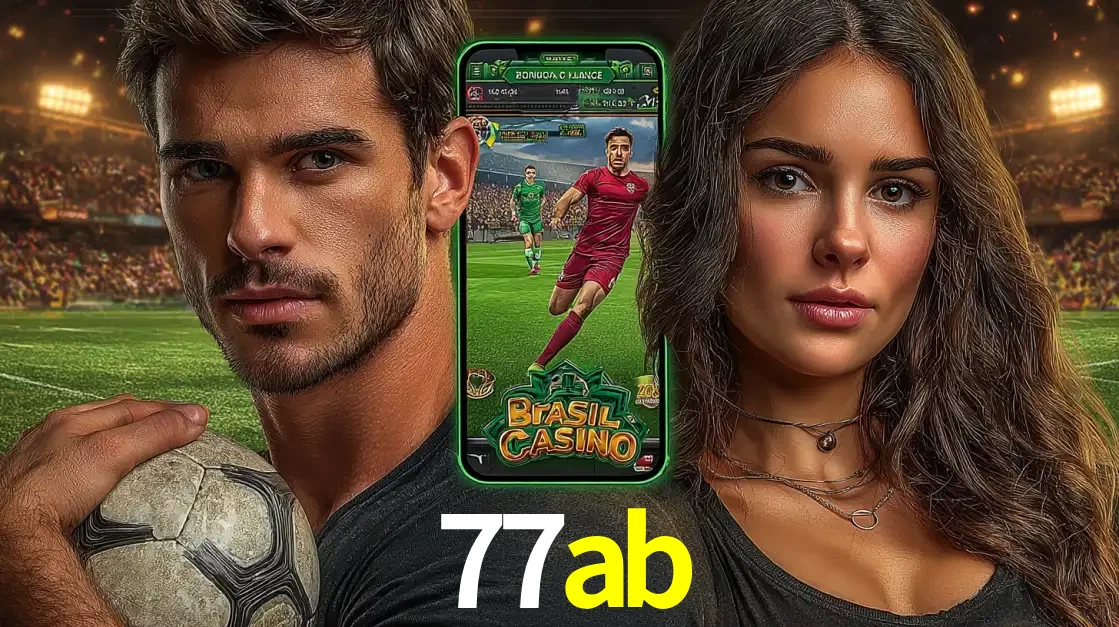 Homem segurando uma bola de futebol e uma mulher ao lado de um smartphone exibindo o jogo de apostas esportivas da 77ab. Faça seu palpite no cassino online.
